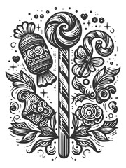 Wall Mural - candies and a lollipop surrounded by floral and decorative elements, festive design in vintage style sketch engraving generative ai vector illustration. Scratch board imitation. Black and white image.