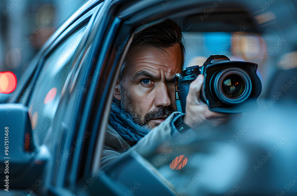 Private investigator capturing photo evidence during surveillance ...