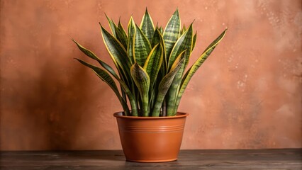 Wall Mural - A potted snake plant with green and yellow leaves against a brown wall