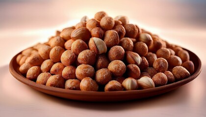 A close-up of a delicious pile of roasted nuts, beautifully arranged on a traditional plate, perfect for snacks or recipes.