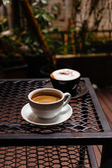 Hot black coffee and cappuccino with foam on a metal table. Coffee for two on a background of plants