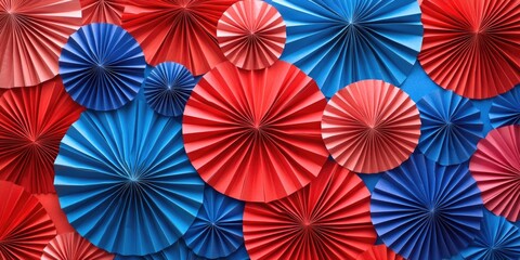 Set of vibrant red, white and blue paper party decorations for birthdays or events.