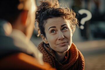 A man and woman engaged in a conversation on the street.