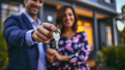 Real estate agent handing over keys to a young couple for their new home. Property ownership transfer complete. Couple give key from old home ready to move.