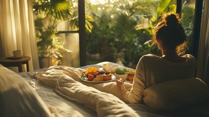 A woman relaxes in bed enjoying breakfast in a sunny room filled with lush plants during a peaceful morning