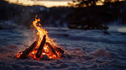 A bonfire in a snowy landscape, with the fire warm light contrasting against the cold, white