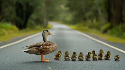 Poster - A duck and her babies crossing a road in front of cars, AI