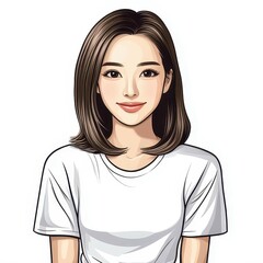 Poster - A cheerful cartoon girl in a white tee and jeans, featuring a Korean anime style with a lovely smile and big eyes.