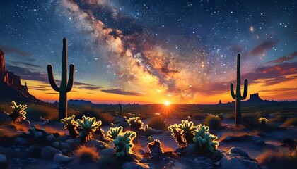 Wall Mural - Majestic Milky Way Illuminating Desert Landscape at Sunset with Silhouetted Cacti and Vivid Colors