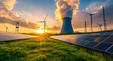 Wall Mural - Solar panels and wind turbines front energy plant symbolizing renewable power generation and Energy Concept