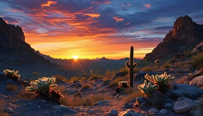 Vibrant desert sunset showcasing a lone cactus against breathtaking skies in a serene wilderness landscape at dusk