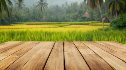 Poster - A wooden table with a view of green grass and trees, AI