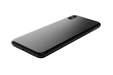 A high-quality close-up image of a modern black smartphone lying flat against a white background.