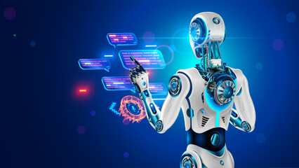 Leinwandbilder - AI chatbot in image robot or cyborg holding in hand message bubbles. Online AI chat bot talk through messenger with user. Technical support bot, internet assistance with artificial intelligence or AI