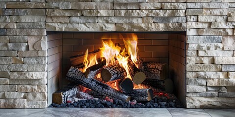 Sticker - Fireplace with crackling fire embedded in a wall of light colored bricks showcasing vibrant orange and yellow flames engulfing deep hued logs