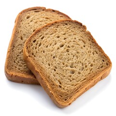 Two slices of brown bread on a white background