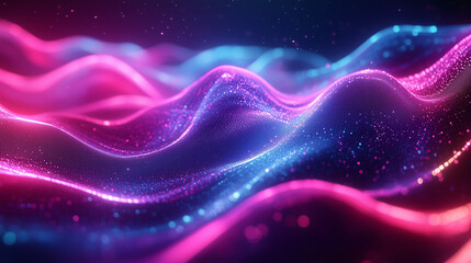 Wall Mural - Abstract Digital Neon Wave With Vibrant Pink And Blue Light Glitter