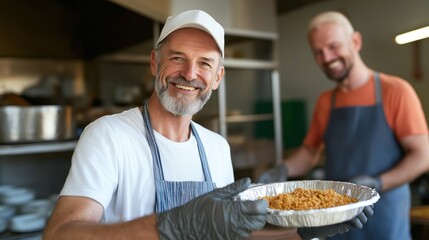 two cheerful men are serving a large tray of food in a community kitchen, creating a warm atmosphere