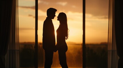a couple stands closely together, silhouetted against a breathtaking sunset viewed through expansive