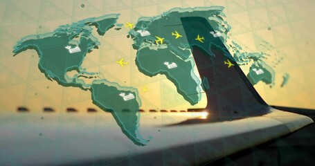 Sticker - Animation of world map with plane icons and digital data processing over airplane