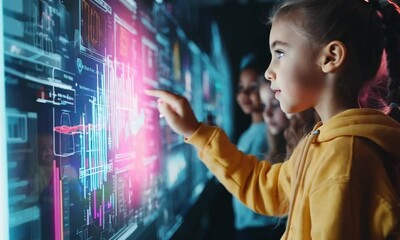 Young girl interacting with futuristic technology.