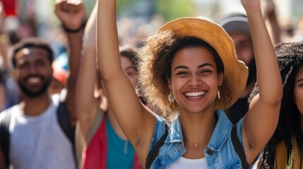 A Woman in a Straw Hat Smiles and Raises Her Arms in Celebration