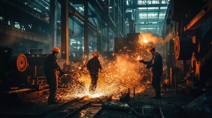 Workers in a Steel Mill, Welding with Sparks Flying