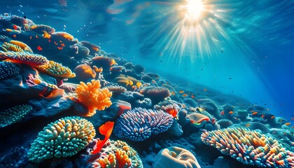 Lively underwater coral reef bathed in sunlight, showcasing a vibrant array of corals and diverse marine life swimming amidst crystal clear waters