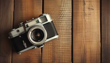 Wall Mural - A retro camera is placed on the wooden background, exuding a warm retro atmosphere and creating a nostalgic atmosphere.