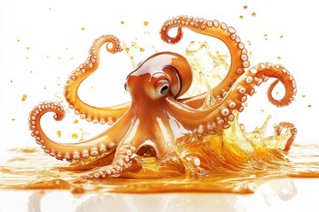 Octopus splashing in orange liquid on white background