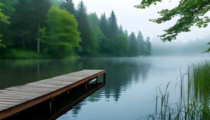 Tranquil misty lake and wooden pier amidst a lush green forest retreat