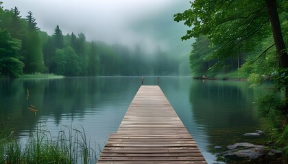 Tranquil misty lake and wooden pier amidst a lush green forest retreat