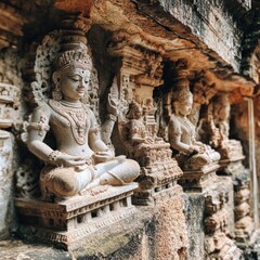 Sticker - Three ancient stone Buddha statues carved into a temple wall.