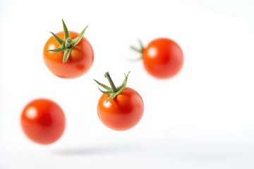 Fresh red cherry tomatoes floating on white background