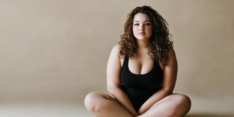 young attractive woman portrait in black swimsuit, overweight body shape female beauty, body positivity concept