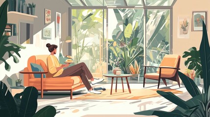 Poster - A person relaxes in a bright living room filled with plants, enjoying a snack amidst a serene indoor garden setting