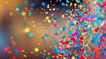 vibrant cascading confetti explosion, red and blue tones, party invitation or celebration banner. ce