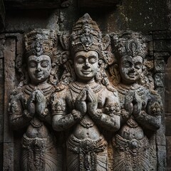 Poster - Three stone carvings of deities in prayer pose, weathered and aged, on a temple wall.