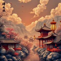 Wall Mural - buddhist temple at sunset