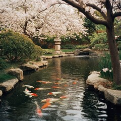 Wall Mural - Tranquil Japanese garden with koi fish swimming in a pond surrounded by cherry blossoms.