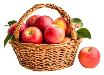 Wall Mural - Freshly picked red apples in a wicker basket with leaves isolated on transparent background