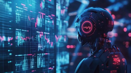 Futuristic robot head with glowing digital data interface.
