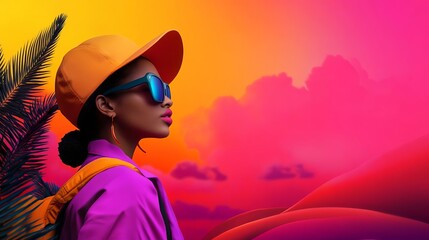 Vibrant portrait of a stylish woman in sunglasses against a colorful sunset backdrop, exuding confidence and modern fashion.