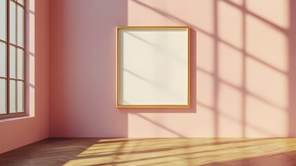 Wall Mural - Empty gold frame, light pink wall, wooden floor, window shadow, sunlight streaming, minimalist interior, clean design, art gallery atmosphere, blank canvas.