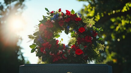 Floral wreath on tombstone in sunlight. Memorial and remembrance concept. Design for greeting