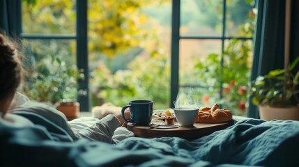 Sticker - Relaxing morning in a cozy bedroom with breakfast tray by the window overlooking a lush garden on a peaceful day