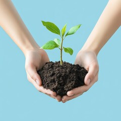 Canvas Print - Two hands cupping a small plant growing out of soil against a blue background.