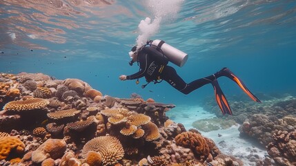 Enthusiastic young woman scuba diver exploring the vibrant coral reef and marine life underwater