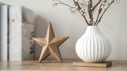 Interior with white vase and wooden star on table for product template. Ample space, high quality image.