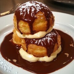 Wall Mural - Two profiteroles topped with whipped cream and chocolate sauce on a white plate.